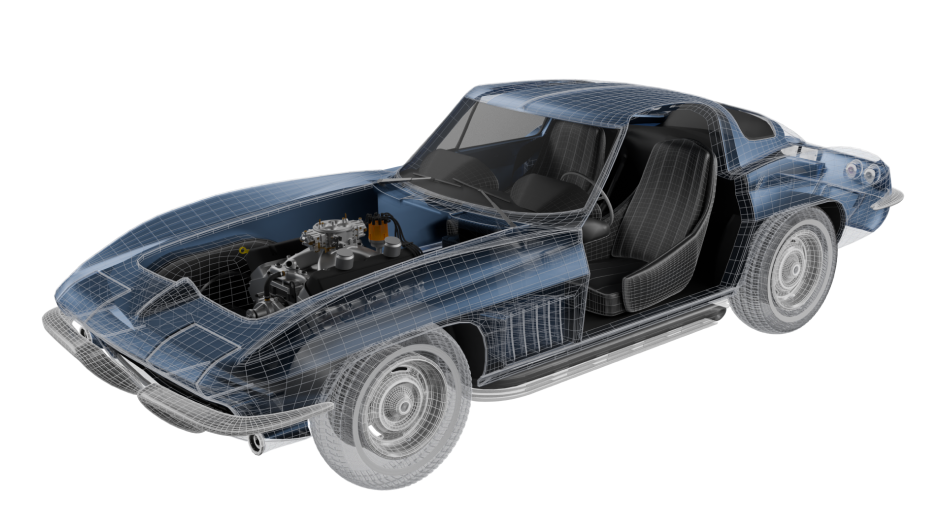 Wireframe model of a classic car showing the interior and engine components.