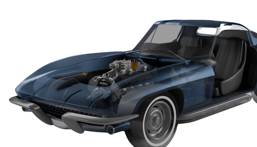 Wireframe model of a classic car showing the interior and engine components.