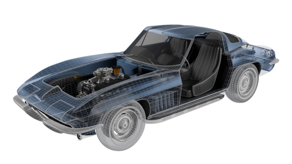 Wireframe model of a classic car showing the interior and engine components.